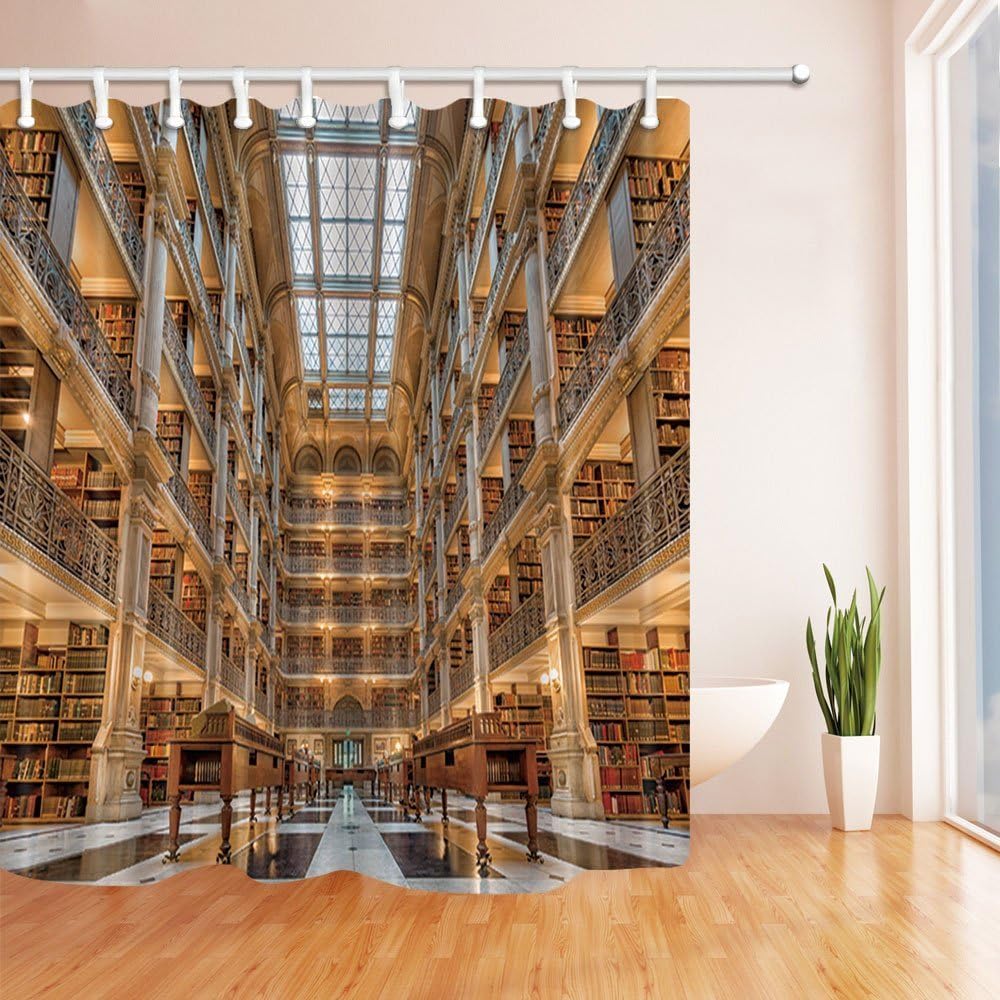 HiSoho The Peabody Library Building Books Shelf Bath Curtain, Polyester Fabric Waterproof Shower Curtains, 71X71 in, Shower Curtain Hooks Included, Brown