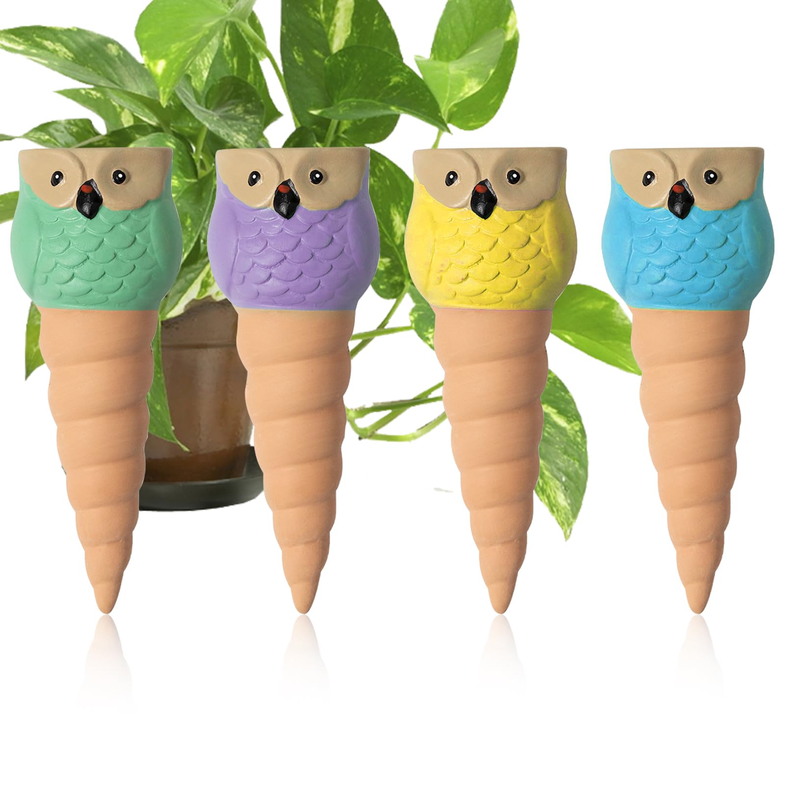 Dynaeuty Plant Watering Devices, Set of 4 Terracotta Vacation Plant Waterer,Watering Stakes Slow Release Plant Watering Spikes Perfect Self Watering Devices for Indoor Outdoor Plants (Owl)
