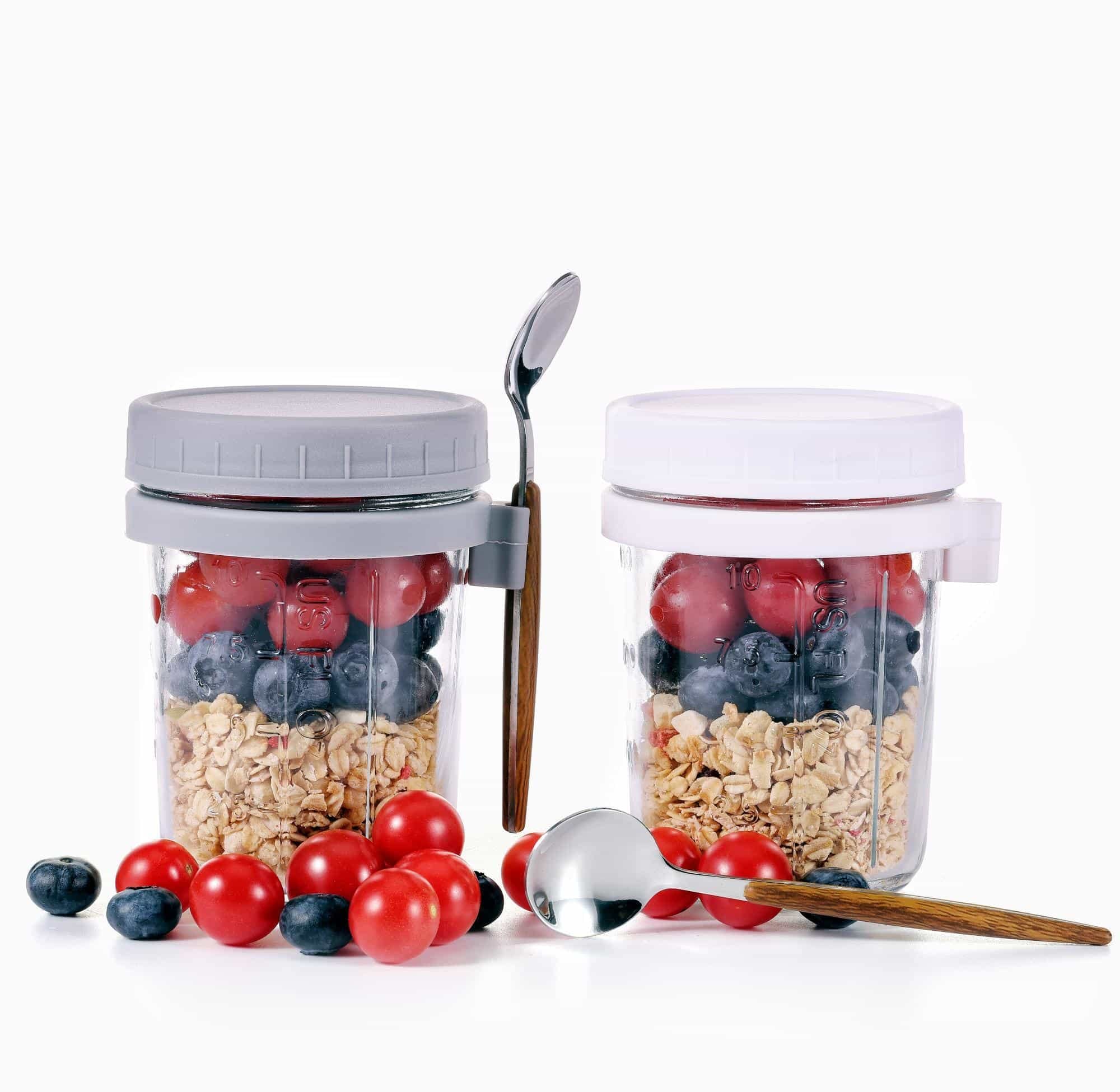 Eidoct Overnight Oats Container 2-Pack, Overnight Oats Jars with Lid and Spoon 10 oz Cereals, Milk, Fruit Salad, with Measurement Mark (grey and white)