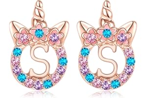TRWWELL Cute Rose Gold Silver Initial Unicorn Hypoallergenic Stud Earrings Rhinestone Initial Letter Stud Earrings for Girls Unicorns Jewelry Gifts for Kids Toddler