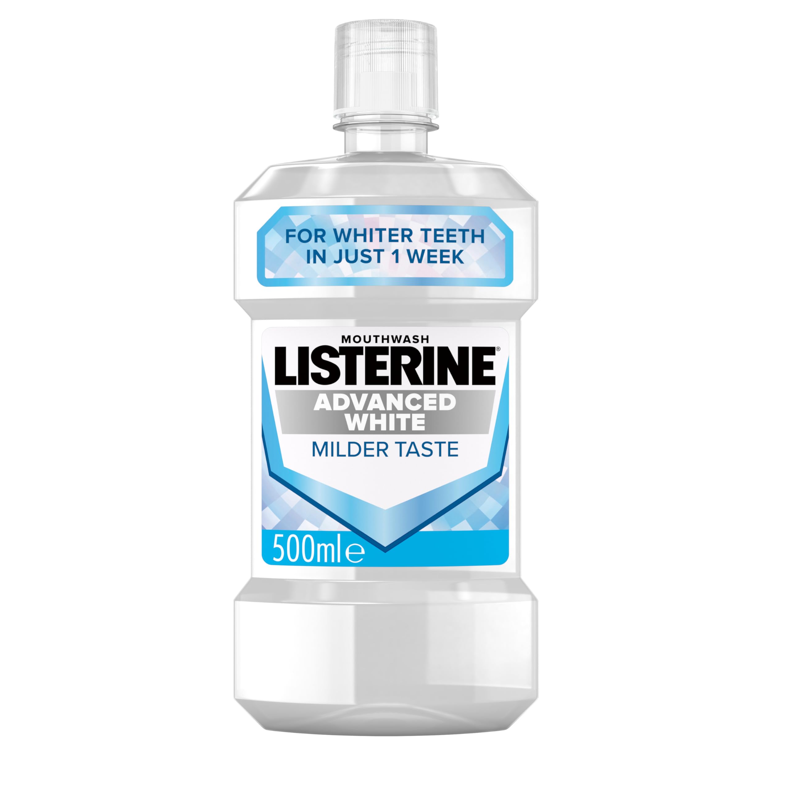Listerine Advanced White Milder Taste (Zero Alcohol) Mouthwash (500ml), Fluoride Mouthwash to Whiten and Protect from New Stains While Remineralising and Strengthening Teeth