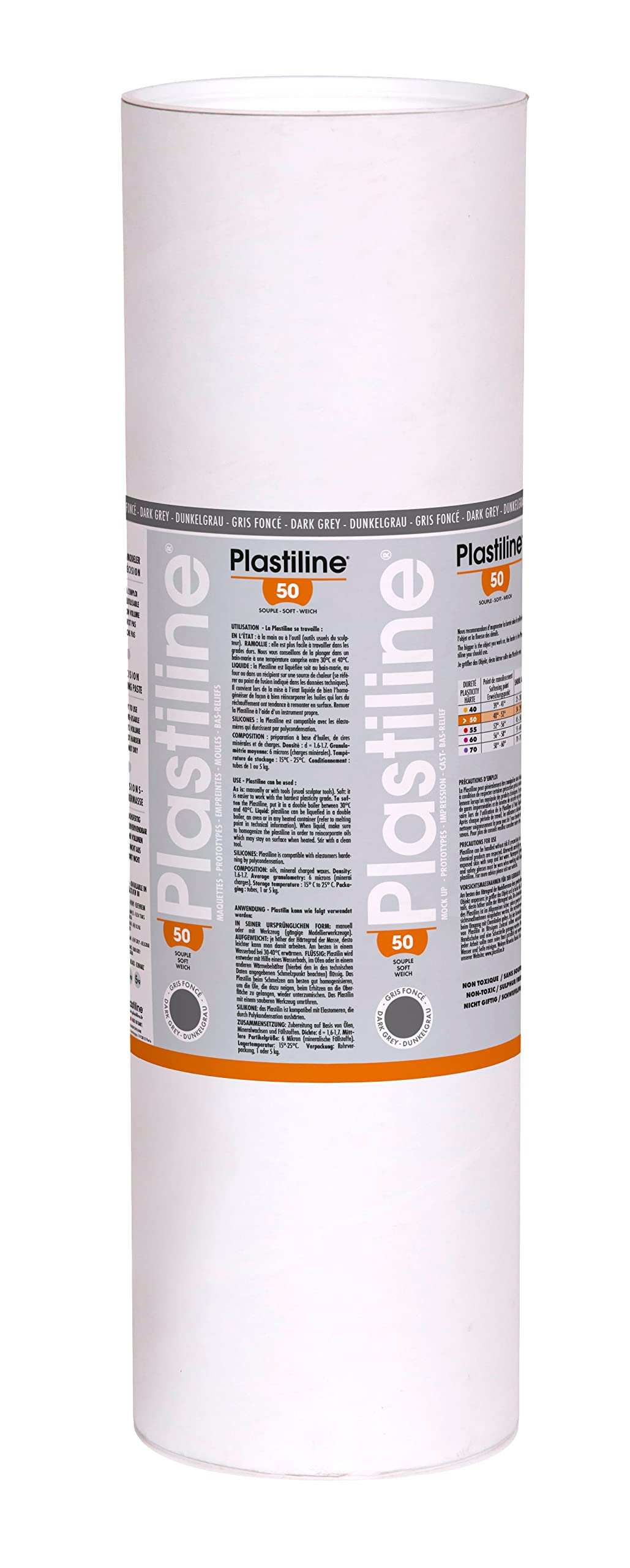 Plastiline 10750T - Plastiline tube - Modelling Paste, High Precision - Sculpting, Moulding - Hardness 50 (soft) - 10 kg - Dark grey shade. Made in France