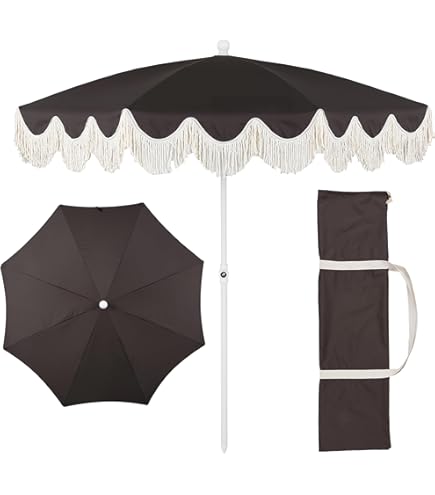 Market Patio & Balcony Pagoda Umbrella – UV Protection Outdoor Umbrella with Scalloped Edge & Boho Fringe, Stylish Shade for Garden, Deck & Outdoor Spaces(Color:White Black) : Patio, Lawn &