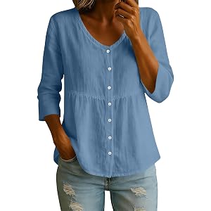 Linen Shirts for Women 3/4 Sleeve Cotton Shirt Button V Neck Tops Summer Casual Shirts Loose Fit Lightweight Blouses