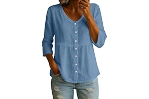 Womens Button Down Shirts 3/4 Sleeve Dressy Casual Blouses V Neck Linen Babydoll Tops Loose Fit Trendy Tunics Tshirts