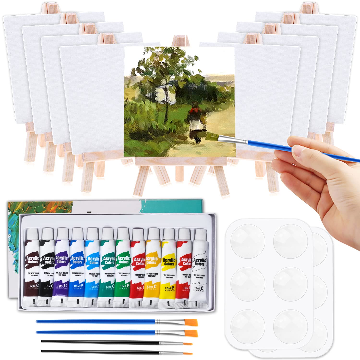Cridoz Mini Canvas Painting Set - 47 Pieces, 4x4 Inches Primed Canvas, Easel, Acrylic Paint, Brushes, and Palette for Kids Artists