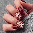 Fall Nails Press on Nails Short Square Shaped Fake Nails Maple Leaves Design Autumn Wine Red Glossy False Nails Reusable Acrylic Nails Full Cover Stick on Nails for Women DIY Manicure 24 Pcs