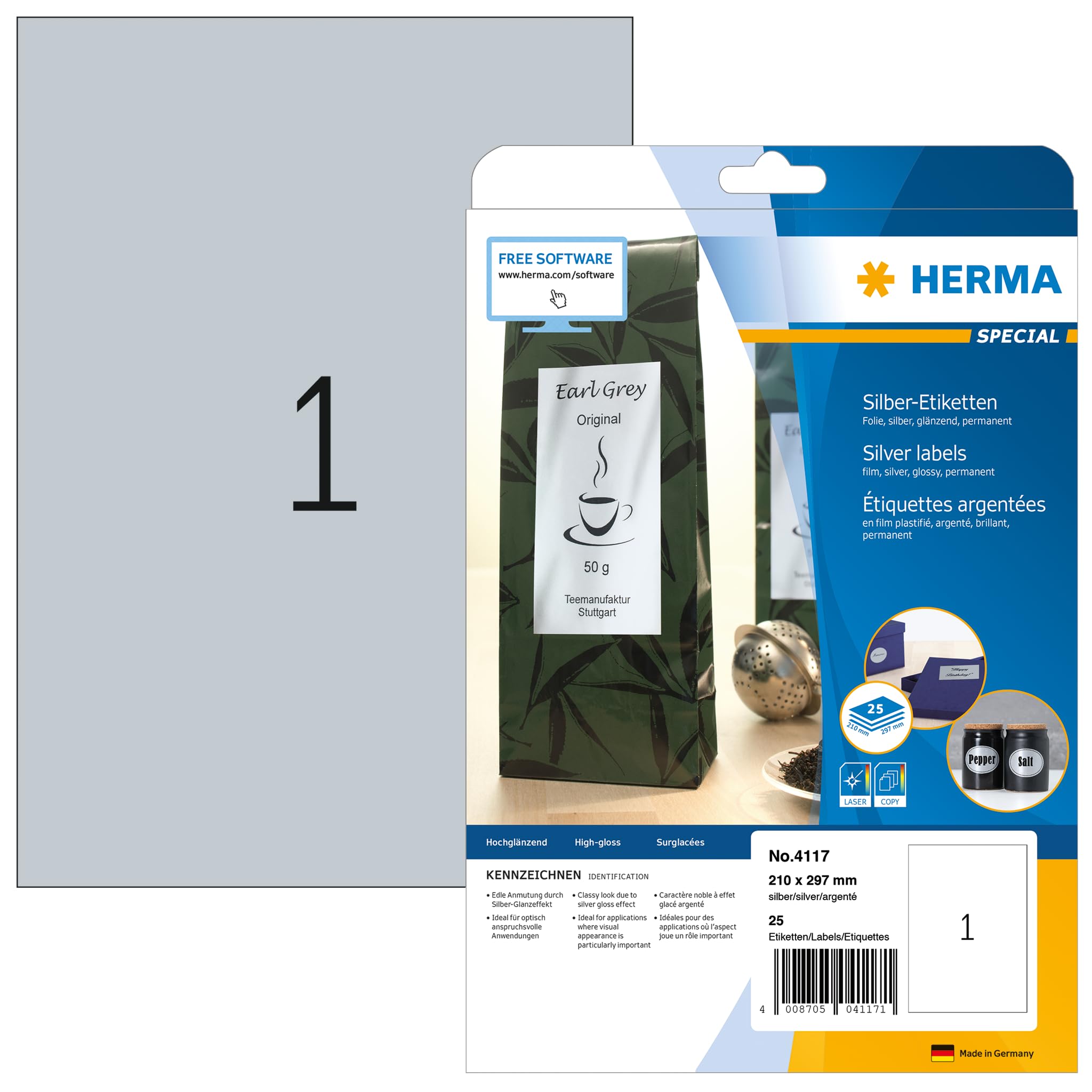 HERMA Self Adhesive High-Glossy Foil Labels, 1 Label Per A4 Sheet, 25 Labels For Laser Printers, Silver, 210 x 297 mm (4117)