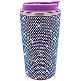 XMYAINA 17oz Rhinestone Insulated Coffee Mug with Leak Proof Lid Stainless Steel Vacuum Bling Travel Coffee Mug Studded Diamond Sparkly Coffee Tumbler Cup Reusable Portable To Go Mugs (Purple)