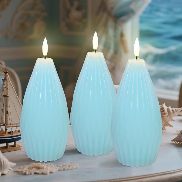 IMMEISCENT BLUE RIBBED FLAMELESS CANDLES WITH REMOTE FLICKERING REALISTIC BATTERY POWERED LED REAL WAX DECORATIVE CANDLE GEOMETRIC AESTHETIC RIBBED MODERN OCEAN DECOR FOR HOME TABLE FIREPLACE, 3PACK