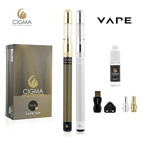 Cigma Vape Slim Full Kit | Starter Kit E Shisha | 2 wiederaufladbare Batterien | 1 x 10ml Tabak flüssig nikotinfrei | 2 x Nachfüllbarer Clearomizer | 2 x Spulen | Wandstecker | Verdampfer