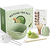 Dayacoco Matcha Whisk Set,Ceramic Matcha Kit Set Includes Bowl with Spout, Whisk,Holder,Bamboo Scoop and Sifter,5 pcs Matcha Tea Kit for Matcha Lovers, Ideal Gift for Christmas, Birthday (Green)
