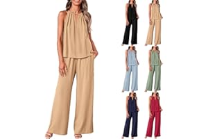 GUMIPY Women Linen Set Casual Summer Outfits 2 Piece Vacation Outfits Sleeveless Halter Top Wide Leg Palazzo Pants Beach Sets