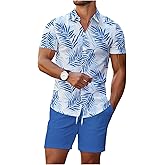 WDIRARA Men's Hawaiian Matching Set Summer Beach 2 Piece Outfits Tropical print Shirts and Shorts