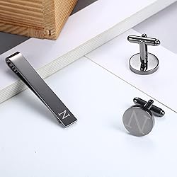 LOYALLOOK Black Initial N Cufflinks and Tie Clip