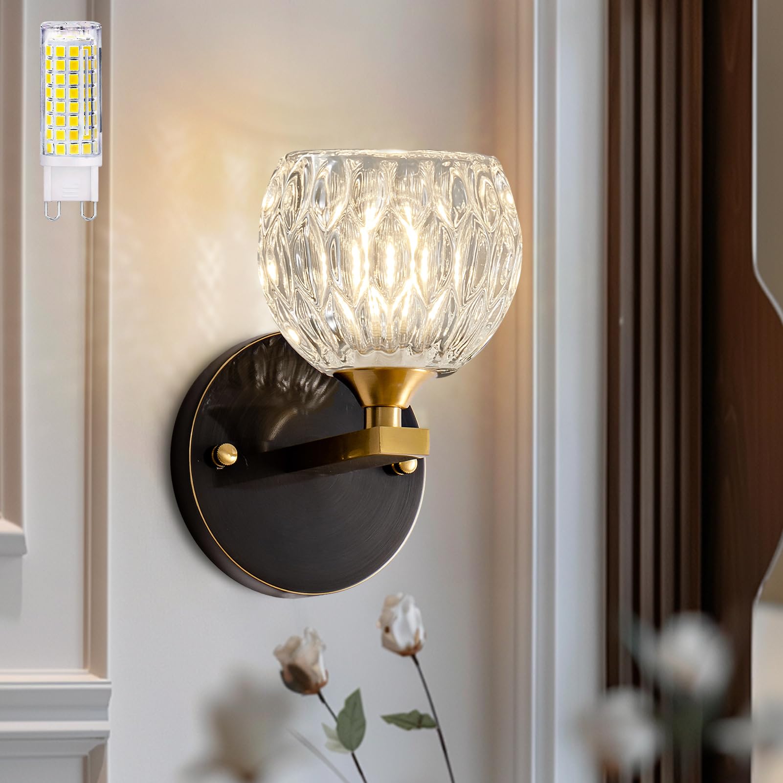 Pingxihule Vintage Wall Sconce Black Modern Wall Lighting Fixture with Water Textured Glass Lampshade Antique Brass Wall Sconces Bulb Includ for Bedside Bedroom Doorway G9*1