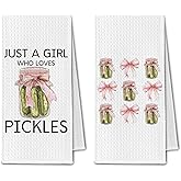 ChissNook Pickle Gifts Kitchen Towels, Coquette Pink Bow Hand Dish Towel for Bathroom & Kitchen Set of 2, Just a Girl Who Loves Pickles Gifts for Women Pickle Lovers, 16x24 Inch