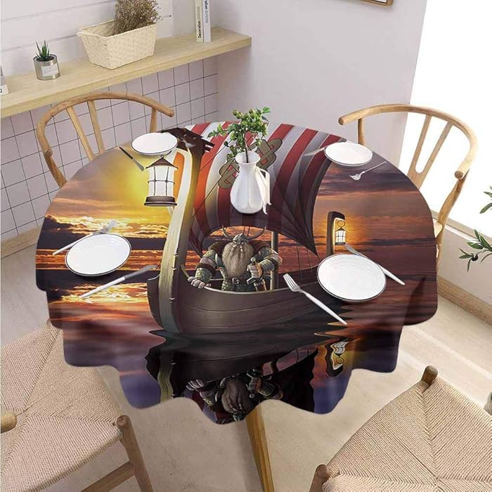 DILITECK Viking Pad Round Tablecloth A Warrior in a Ship Twilight Barbarian Nordic Scandinavian Culture Artwork Print Excellent Durability Diameter 70" Multicolor