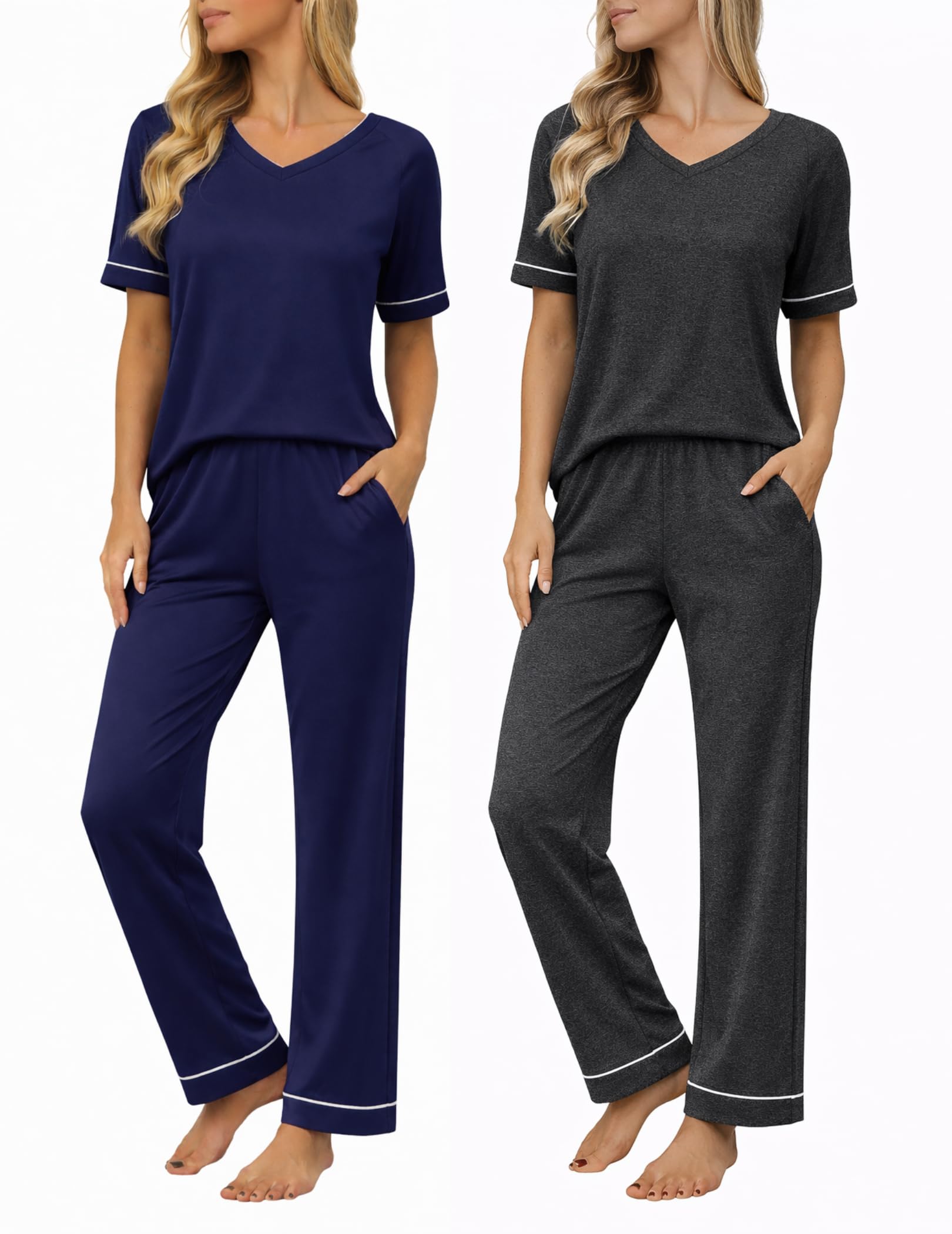 Ekouaer Womens 2 Pack Pajama Set Short & Long Sleeve Pajamas Top and Pants V Neck Pjs Set Soft Loungewear with Pockets Image