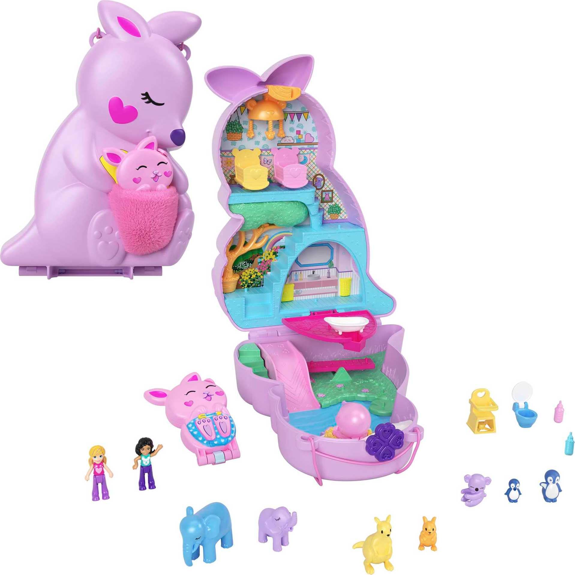Polly Pocket Mini Toys, Mama and Joey Kangaroo Purse 2-in-1 Compact Playset with 2 Micro Dolls and Accessories, Travel Toys, HKV50 — image 1