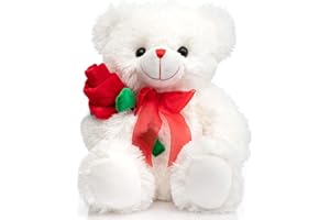 HollyHOME Teddy Bear Stuffed Animal Rose Bear with Red Bow Soft Plush Toy Holiday Valentine's Day Gift 12 Inches White