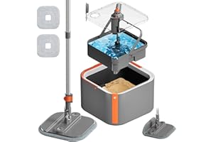 INWEJIA Upgraded Spin Mop and Bucket Set Self-Standing Mop Bucket Separate Dirty and Clean Water System Self Wringing 360° Rotating 90° Foldabl Mops and Buckets for Floor Cleaning (Dark Gray, 2Pads)