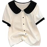 SHENHE Women's Button Up Blouse Doll Collar Color Block Short Sleeve Dressy Casual Going Out Top