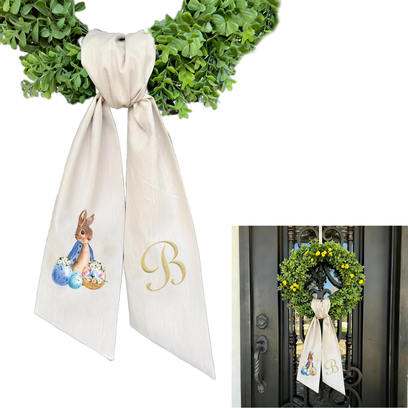 Rabbit Easter Wreath Bow Custom Embroidered Monogram Spring Bunny Wreath Sash for Front Door Hand Tailored Easter Decorations Spring Bows for Wreaths (B)
