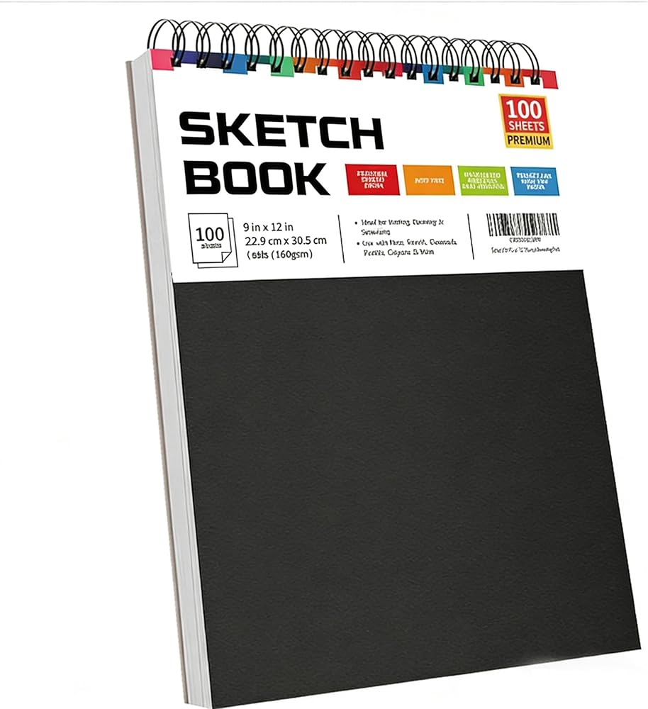 Suokata 9" x 12" Sketch Book, 100 Sheets Top Spiral Bound Sketchbook with Acid-Free 68lb/100gsm Thick Drawing Paper, Art Sket