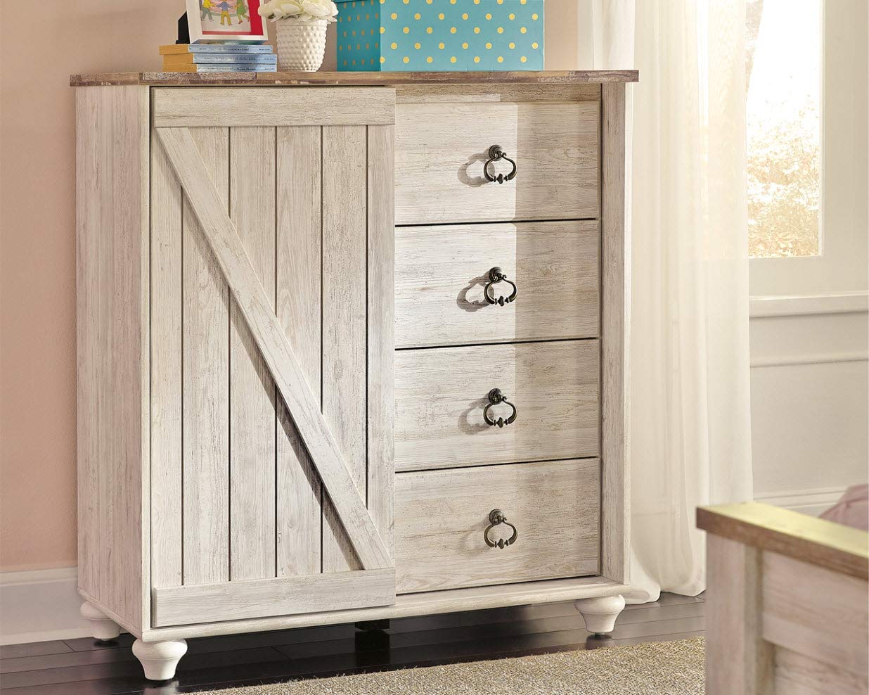 Ashley Furniture Signature Design - Willowton Dressing Chest - Casual - 4 Drawers/Sliding Door Storage - Whitewash Finish/Faux Plank Top - Antiqued Brass Hardware