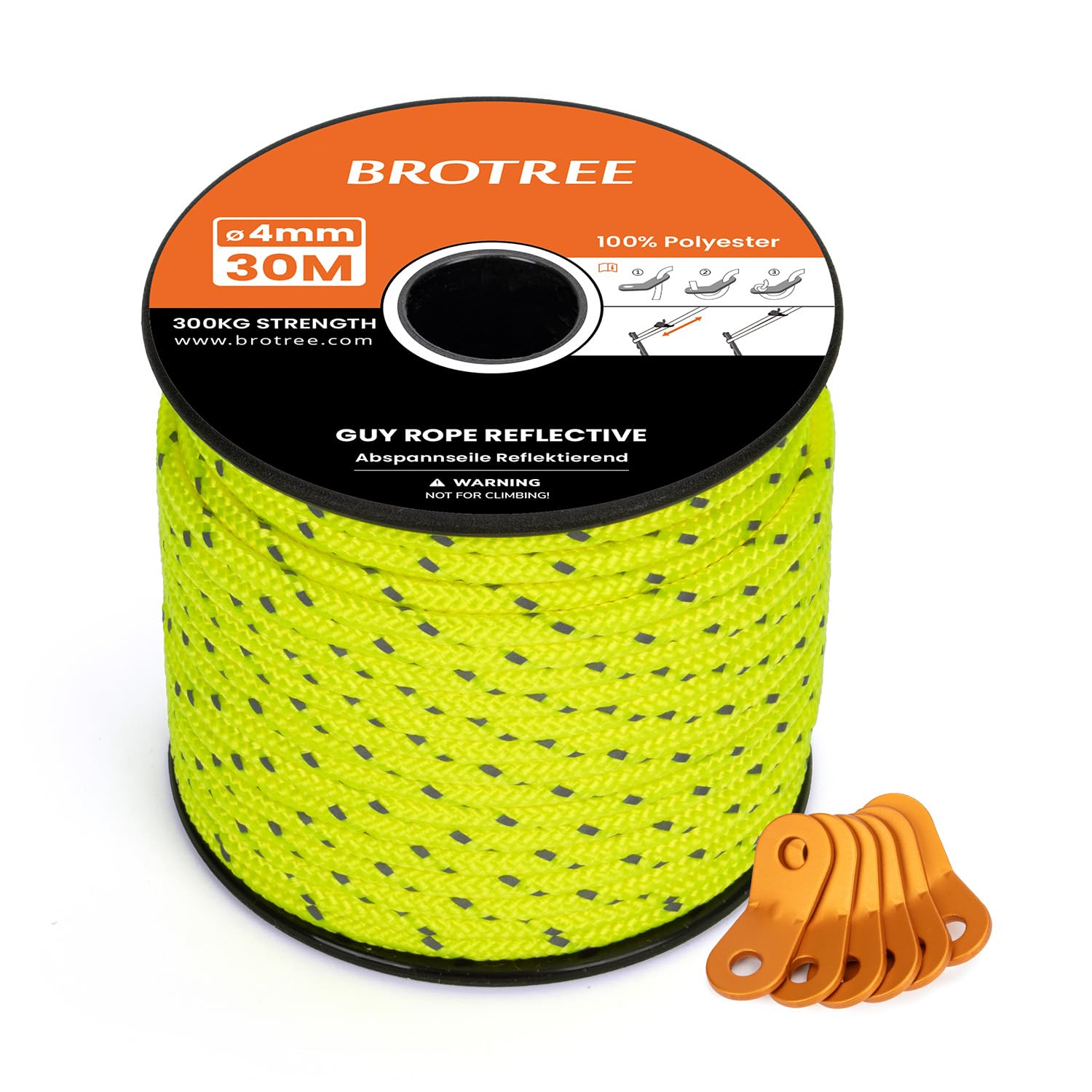 BROTREE Tent Guy Rope 4mm 30m Reflective Guy Line Heavy Duty Guide Rope with 6Pcs Aluminum Tensioners for Tent Gazebo Awning Camping (Neon Yellow)