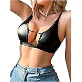 OYOANGLE Women's PU Leather Contrast Mesh Cut Out Bras Wireless Unlined Plunge Bralettes Cami Top