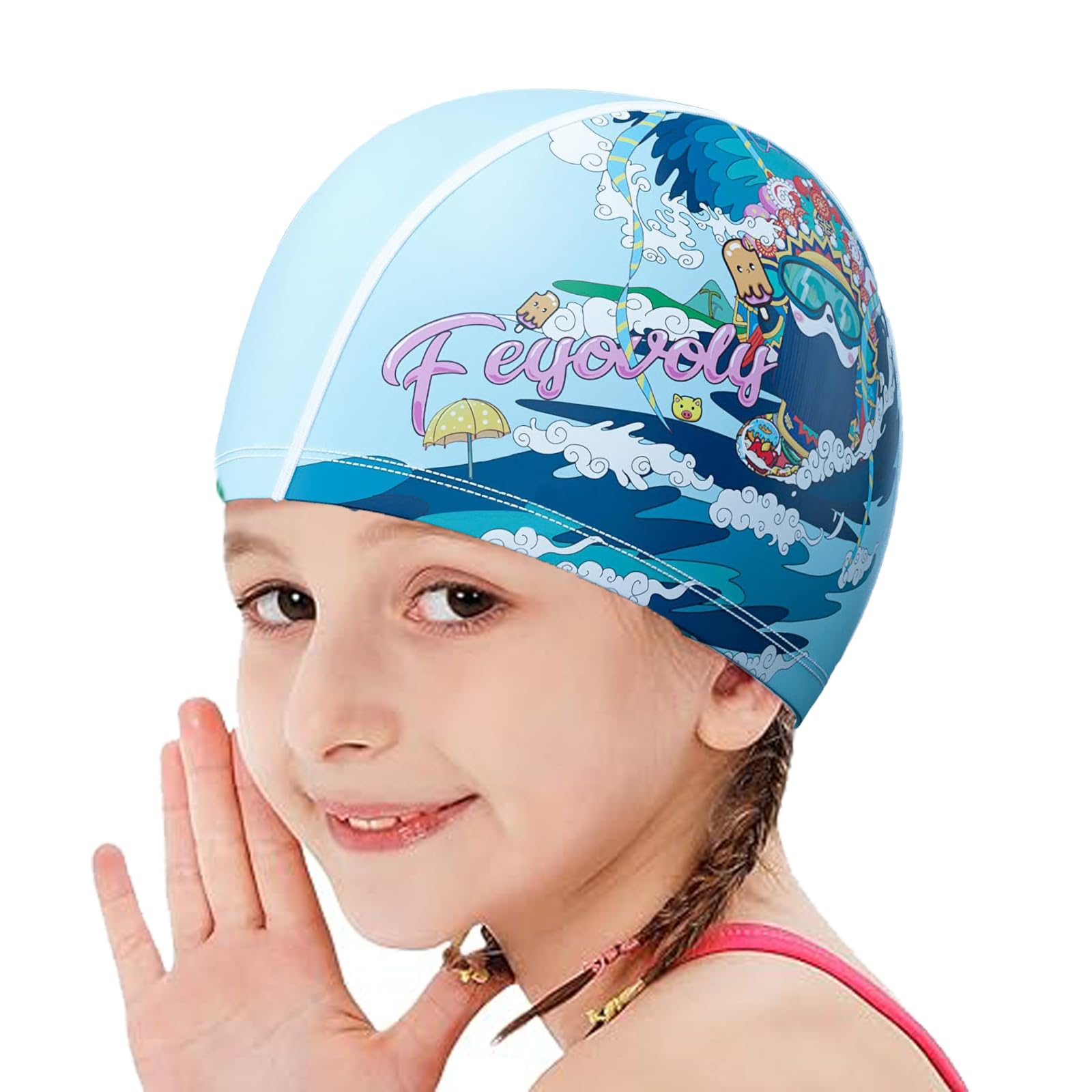 Kids Cartoon Swim Cap Elastic Fabric Ears Protection Nylon Swimming Cap Swim Pool Beach Surfing Bathing Cap Comfortable Light Shower Cap for Boys Girls Aged 3-8Years Old Long Short Hair