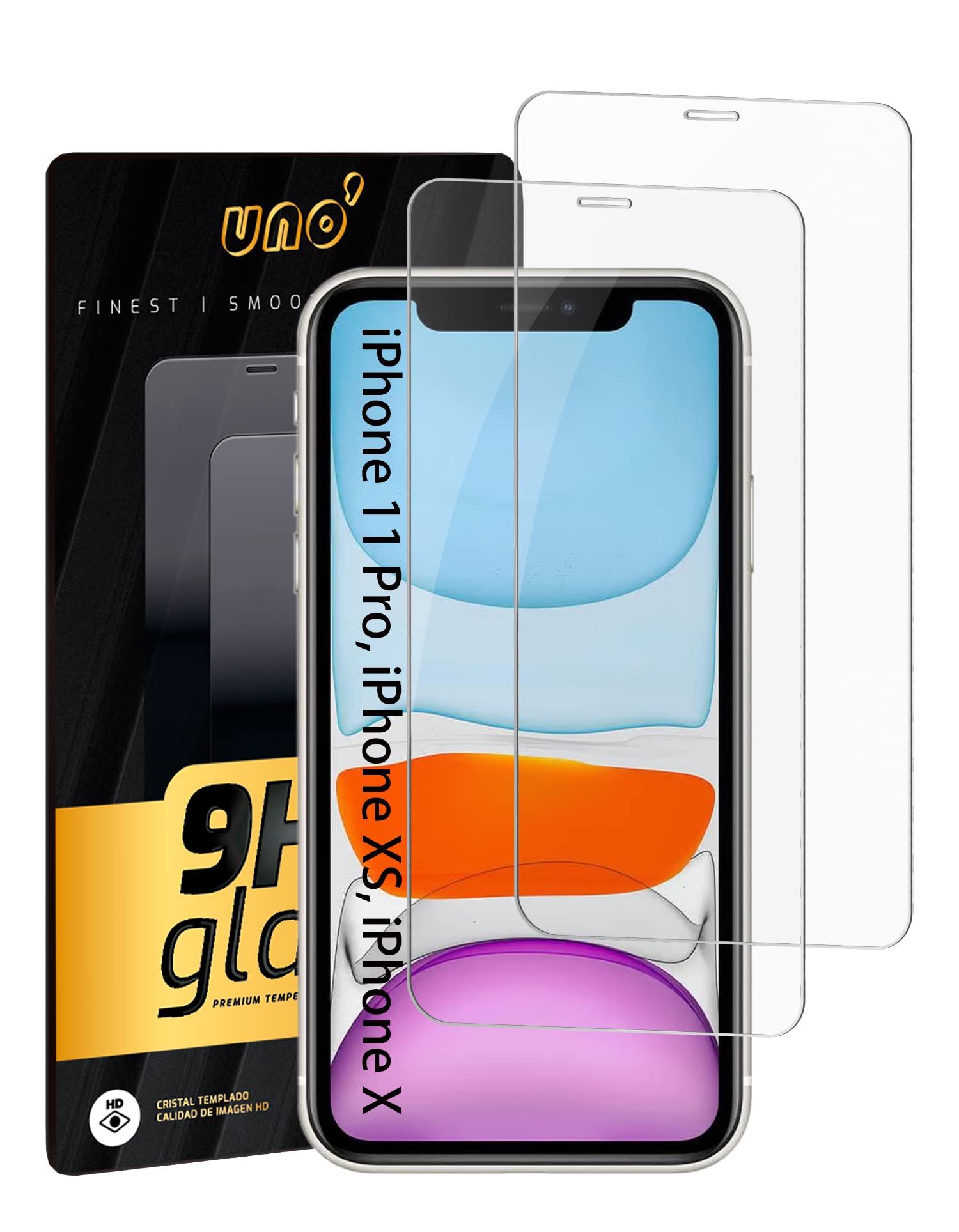 UNO' [2 Pack] Screen Protector for iPhone 11 Pro, iPhone XS, iPhone X, Ultra Resistant 9H Tempered Glass, Anti-Scratch, Bubble Free, Anti-Fingerprint, High Receptivity, HD Definition