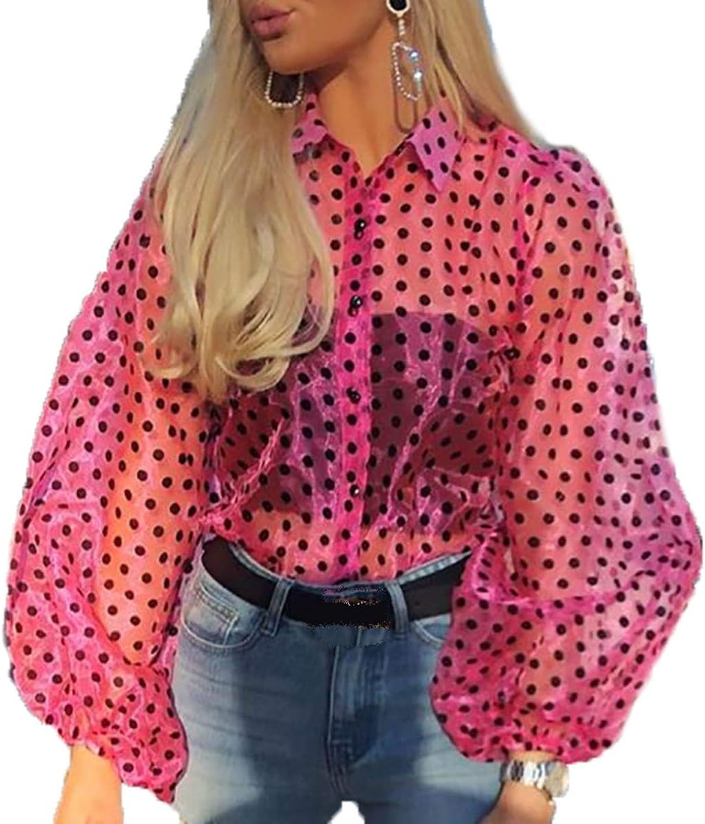 jumpjisper Women‘s Button Down Sheer See-Through Long Puff Sleeve TopsChiffon Casual Blouse Club T Shirts