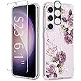 GVIEWIN for Samsung Galaxy S23 Case, [3 in 1] with Screen Protector & Camera Lens Protector Clear Floral Shockproof Hard PC Back & Soft Bumper Women Phone Case Cover 2023 6.1" (Cherry Blossoms/Purple)