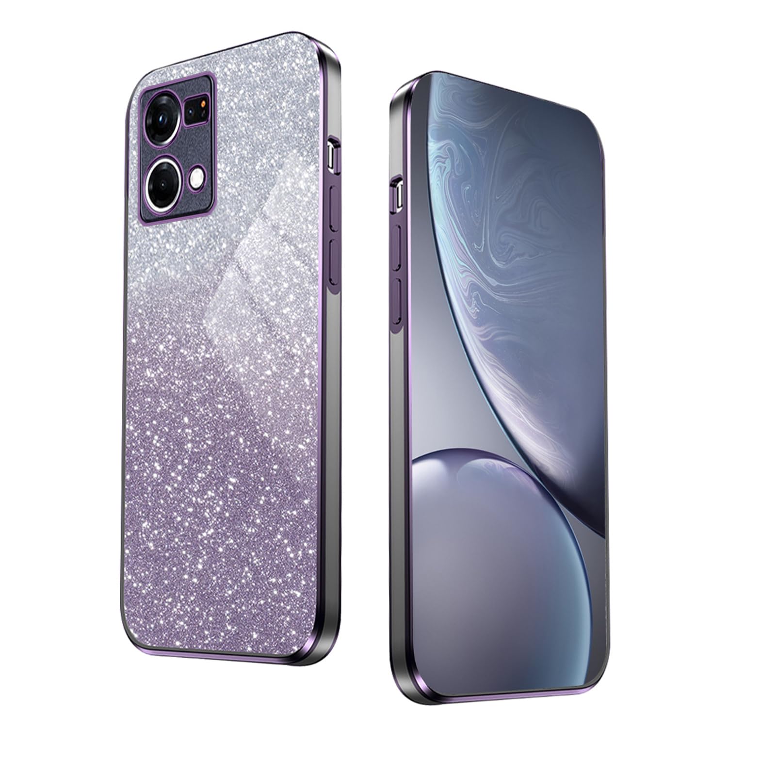 WBWONE Glitter Case for OPPO Reno 7 4G (Reno7 4G) Case, Electroplated Edge, Flexible Protection, Shockproof Soft Cover Shell with Glitter Stickers - Purple