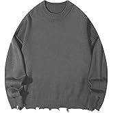 BEAUDRM Men's Grunge Y2k Ripped Sweaters Crew Neck Long Sleeve Knit Baggy Pullover Tops Casual Jumper Knitwear