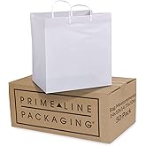 Prime Line Packaging White Plastic Bags, Shopping Gift Bags with Handles for Small Business, Food Service, Take Out, Delivery, Retail Bulk, 14x10x14.75, 50 Pack