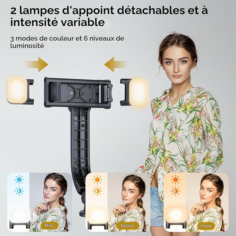Perche à Selfie Trépied avec 2 Lumières, 116cm Extensible Trepied Smartphone avec Télécommande sans Fil et Vis de 1/4", Trépied Téléphone Portable Compatible avec iPhone/Android/GoPro/Camera