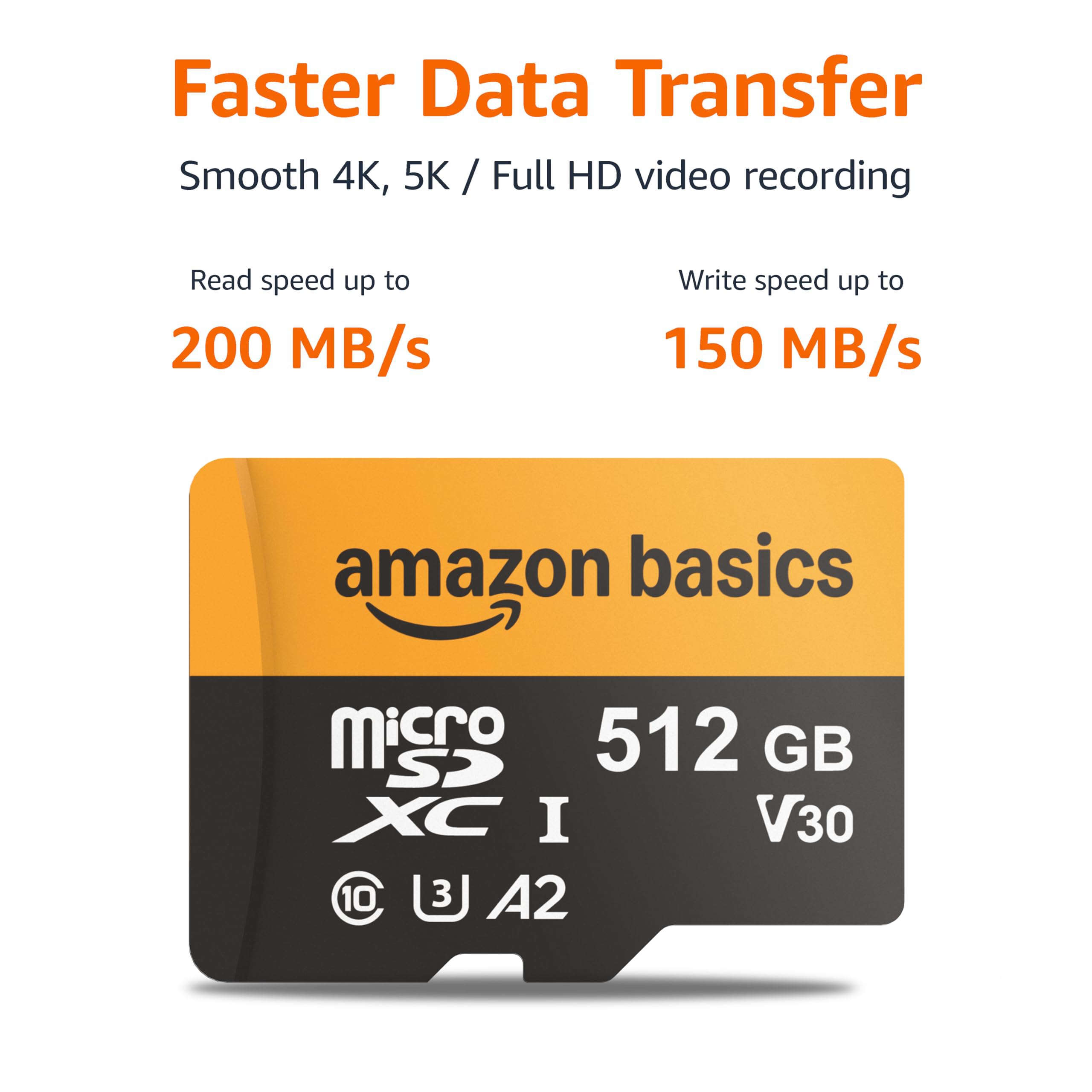 Amazon Basics 512GB microSDXC Card with Adapter, Read Speed Up to 200MB/s, 1-Pack