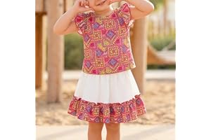 Girls Skirt Set Bohemian Print Round Neck Top with Flutter Sleeves A Line Flared Skirt for Summer Casual