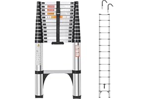 DEZEX Telescoping Ladder 16.5 FT,Aluminum Lightweight Extension Ladder with 2 Triangle Stabilizers and 2 Detachable Hooks,Safety Lock Slow Down Design Collapsible Telescopic Ladder for Home Outdoor