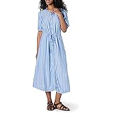 Amazon Essentials Women's Fit and Flare Half-Sleeve Waisted Midi A-Line Dress with Pockets
