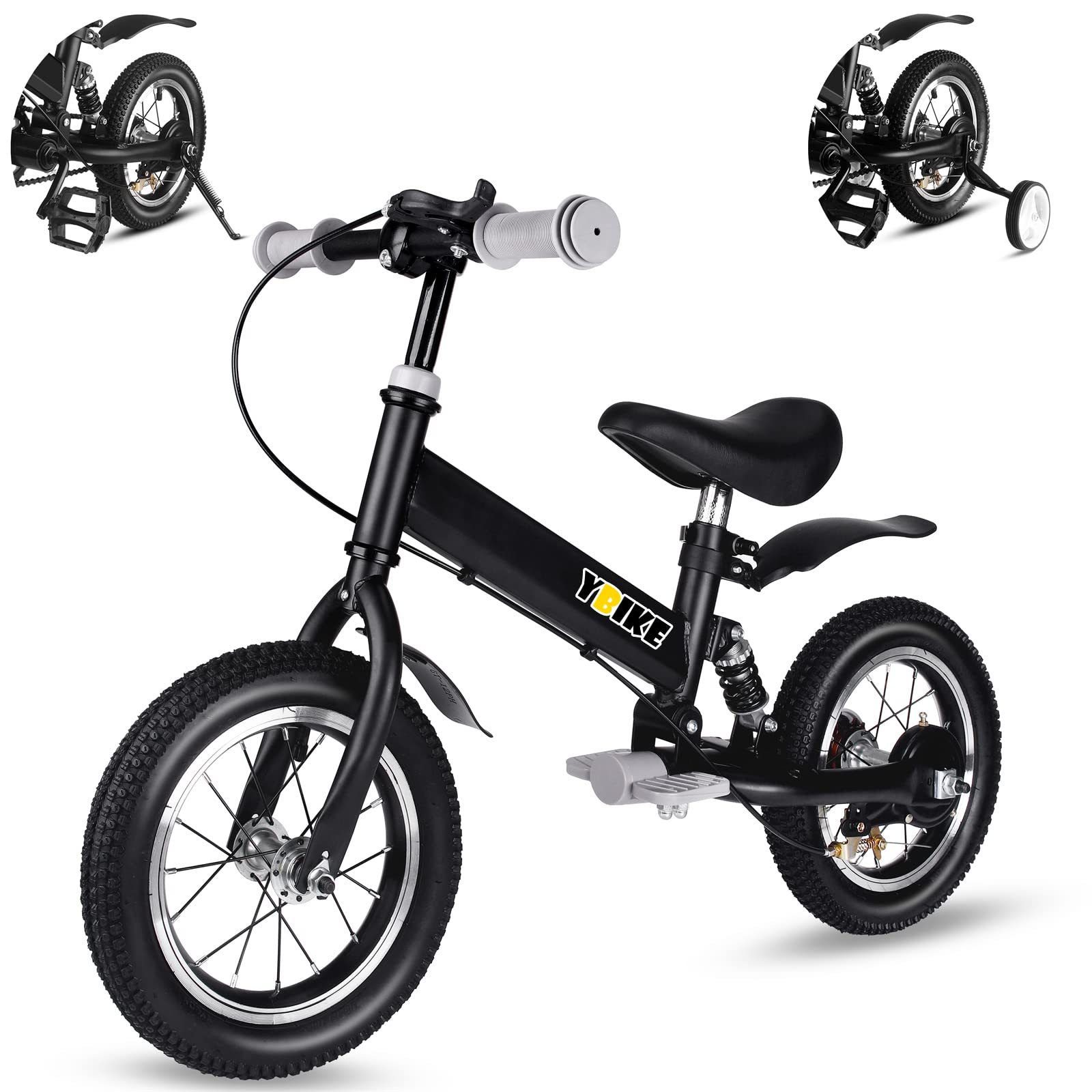 YBIKE 2 in 1 Balance Bike, 12 14 Inch Kids Bike, Suitable for 2-7 Years Old, Kids' Balance Bike with Pedal, Shock Absorber, Fenders, Brakes, 4 Colors Training Bike
