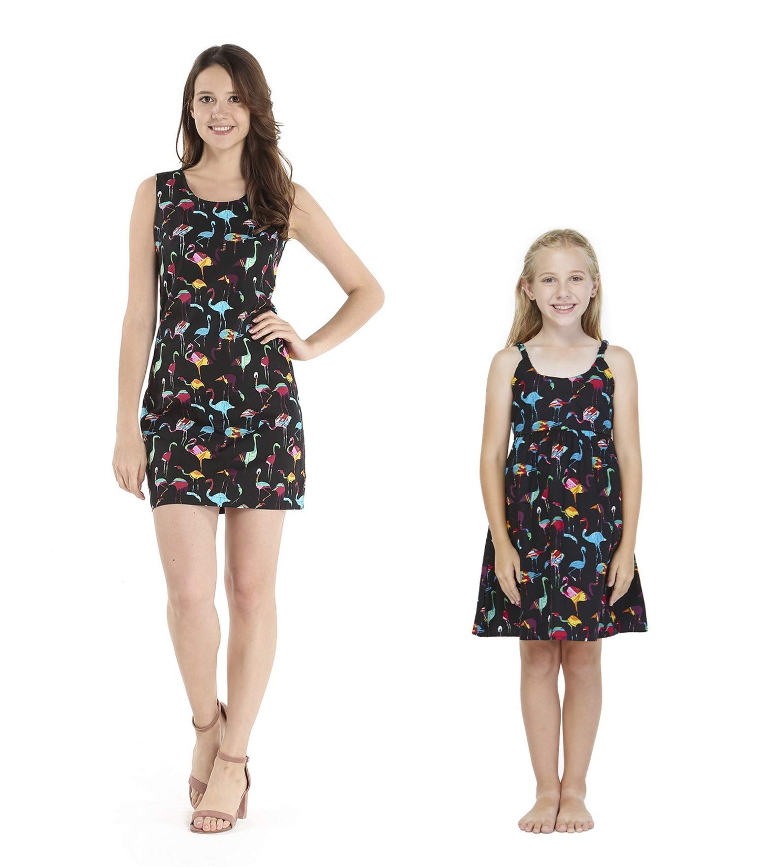 Matching Mother Daughter Hawaiian Luau Outfit Lady Tank Dress Girl Dress Flamingo in Love