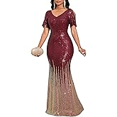 Cololura Women Sexy Elegant Sequin Short Sleeve Party Bodycon Maxi Dress Cocktail Evening Gown Formal Dresses