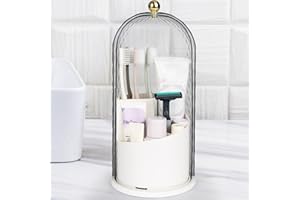 QIYVLOS Toothbrush Holders with Sliding Lid, Rotating 3 Slots Bathroom Organizer Countertop, Tooth Brush Toothpaste Holder Bathroom Counter Stand Caddy for Vanity Makeup Brushes Holder (White)