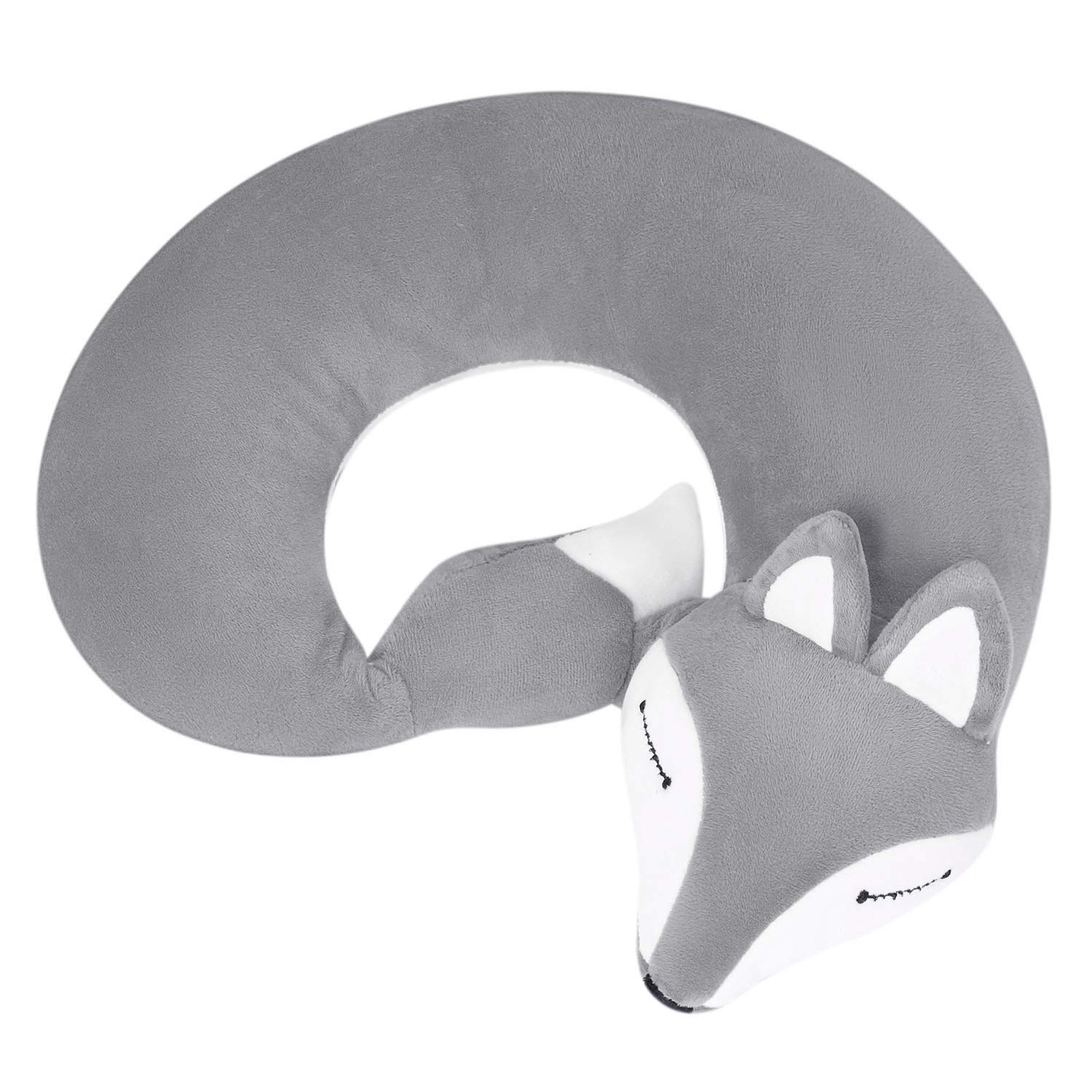 IBLUELOVER Cute Fox Travel Neck Pillow U-Shaped Cartoon Animal Neck Cushion Soft Comfortable Head Neck Support Rest Pillow for Airplane Car Camping Sleep and Office Snap (Grey)