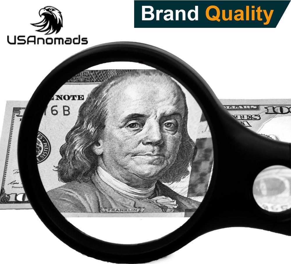USAnomads Brand Quality Professional Magnifying Glass with 3 LED Lights 3X 45X loupe Handheld Magnifier for Reading, Jewelry and Maps. Magnifier with Light
